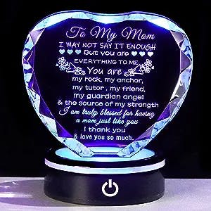 YWHL Gifts for Mom from Daughter Son Moms Birthday Gifts Unique Heart Crystal Laser Words Gift for Mom with Colorful Base on Mothers Day Thanksgiving Day Christmas Valentine's Day