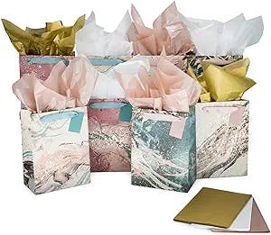 The Bag Lady - Pastel Gift Bags with Handles - Set of 8 Teal & Pink Gift Bags with Gorgeous Gold Foil - 9.5 x 7 Inch Bags Come with Tags & Colorful Tissue Paper - Officially Certified by the FSC C113128