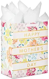 Hallmark 13" Large Mother's Day Gift Bag with Tissue Paper (Pastel Floral Stripe with Gold Accents) for Mom, Grandma, Nana, New Mothers
