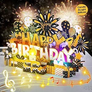 Birthday Card | Musical Pop Up Birthday Cards with Light | Blow Out LED Light Candle and Play Happy Birthday Music Pop Up Card | Greeting Cards Gifts for Him or Her | Black Gold (Blowable Candle)