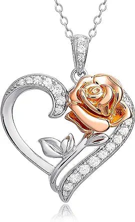 Disney Jewelry for Women - Beauty and the Beast Two Tone Rose and Heart Sterling Silver Pendant Necklace, Pink Gold Plate, Cubic Zirconia Accents, 18"