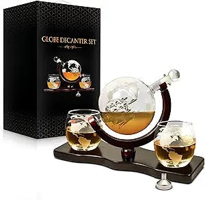 flybold Whiskey Decanter Set - Whiskey Decanter Globe Set for Men Certified Safe Great Gifts for men - Bourbon decanter Scotch Decanter Sets 28 oz Includes 2 Glasses