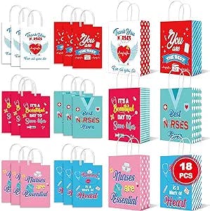 18 PCS Nurses Week Gifts, Thank You Nurse Kraft Gift Bags, Happy Nurse Day Paper Bags, Nurse Appreciation Goodie Treat Candy Craft Bags with Handles, Class of 2023 Nursing Graduation Party Supplies