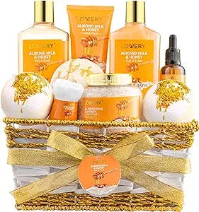 Mothers Day Gift Basket for Women - 10 Pc Almond Milk & Honey Beauty & Personal Care Set - Home Bath Pampering Package for Relaxing - Spa Self Care Kit - Thank You, Birthday, Mom, Anniversary Gift