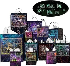 Obami Glow in the Dark Gift Bag with Creative Luminous Constellation Design, 24 pcs include 12 Paper Kraft Bags of 3 Different Sizes & 12 Wrapping Papers