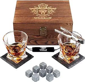 Whiskey Glass Set of 2 - Bourbon Whiskey Stones Gift Set For Men - Includes Crystal Whisky Rocks Glasses, Chilling Stones, Slate Coasters - Scotch Glasses in Wooden Box - Wisky Burbon Retirement Gifts