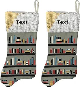Personalized Gifts Secret Santa Stocking Bookworm Bookshelf Library Theme 2 Pack Customized Flip Sequin Stockings Gold