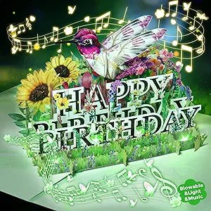 BYKOOO Birthday Cards w Lights & Music, Musical Pop-up Happy Birthday Card w LED Light & Blowable Sunflower, Pop Up Flower Cards for Women Mom Grandma Wife Sister, Gifts for Her, 10 x 7.8 inch