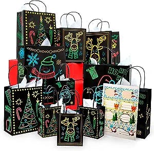 Christmas Holiday Glow-in-The-Dark Gift Bag | 22 Piece 11 Bags of 4 Different Designs, 3 Sizes Large Medium Small, 10 Stickers Labels, 11 White Tissue Papers | Gift Set with Unique Luminous Festive Designs & Patterns