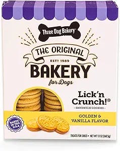 Three Dog Bakery Lick'n Crunch Sandwich Cookies Premium Dog Treats with No Artificial Flavors, Golden & Vanilla Flavor, 13 Ounces