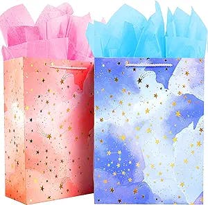 Gift Bag Birthday Large Gift Bags Set Included 2 Pack Paper Gift Bags with Tissue Paper Colorful Pink Blue Gift Bags 125 Large Size Blue Pink and Star Large (Pack of 2)