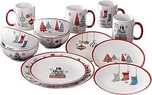 American Atelier Holiday Christmas Round Dinnerware Set – 16-Piece Stoneware Party Collection w/ 4 Dinner Salad Plates, 4 Bowls & 4 Mugs – Unique Gift Idea, 10.5", White/Red