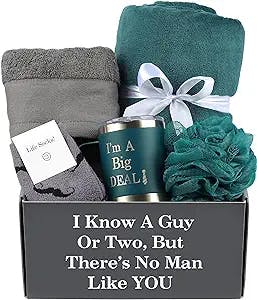GOLDMUS 2023 Men Gift Set - Get Well Soon Gifts for Men, Get Well Gifts for Men After Surgery, Birthday Gifts for Men, Gift Baskets for Men - with Cozy Blanket, Insulated Mug, Socks, Towel & Sponge