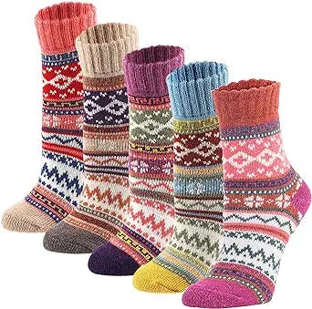 YZKKE 5Pack Womens Vintage Winter Soft Warm Thick Cold Knit Wool Crew Socks