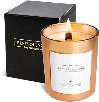 Benevolence LA Eucalyptus & Orange Wood Wick Candles | 8 oz Scented Candles for Home Scented | Natural Soy Candles Gifts for Women | 45 Hour Burn Aromatherapy Candle | Perfect Spring Candles