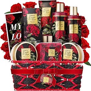 Mothers Day Gifts from Daughter and Son, Spa Bath and Body Gift Set, Exotic Rose Gift Basket for Women & Men, Thank You, Birthday, Mom, Personalized Gifts with Body Scrub, Bubble Bath, Lotion & More