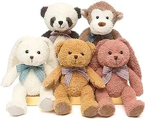 DOLDOA 5 Packs Soft Stuffed Animals Plush Cute Teddy Bear/Monkey/Panda/Rabbit Toy for Kids Boys Girls,as a Gift for Birthday/Christmas/Valentine's Day 12.5 inch (5 Packs,5 Colors)