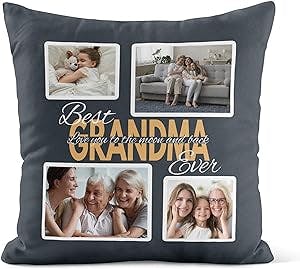 Gift for Grandma, Personalized Throw Pillow with Pictures for Granny, Customized Birthday Present for Nana, Unique Christmas Stocking Stuffer Idea for Grammy (PW1818-Canv-DS-Insert-Bever1-Grandma)