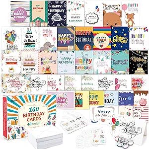 Birthday Cards, 160 Pack 40 Designs Happy Birthday Card Assorted Bulk with 160 Blank Envelopes 168 Pieces of Stickers 6 Washi Tapes, Feela 4 X 6 Inches Greeting Cards For Girls Family Friends