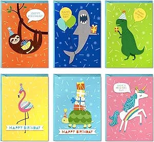 Hallmark Birthday Cards for Kids Assortment, 48 Cards with Envelopes (Dinosaurs, Sloths, Unicorns, Flamingos, Turtles, Sharks)