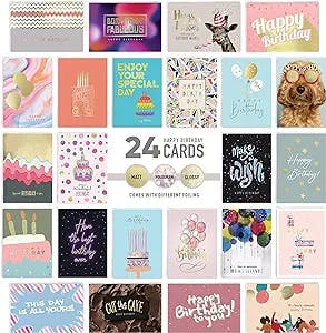 Easykart 24 Unique Birthday Cards Assortment with Greetings Inside. For Businesses and Individuals, 5.5 x 5 Inch Assorted Foiling Cards with Envelope with Sealing Stickers