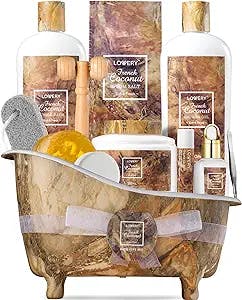 Mothers Day French Coconut Gift Baskets, Stress Relief Gifts, Gift Basket for Women & Men, Care Package Thank You Spa Gift Baskets for Women, Pumice Stone, Bubble Bath, Epsom Salt, Massage Roller More