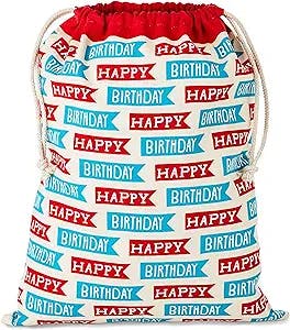 Hallmark 19" Large Birthday Drawstring Gift Bag (Red and Blue Happy Birthday Flags) for Kids, Grandchildren, Adults, Coworkers, Friends